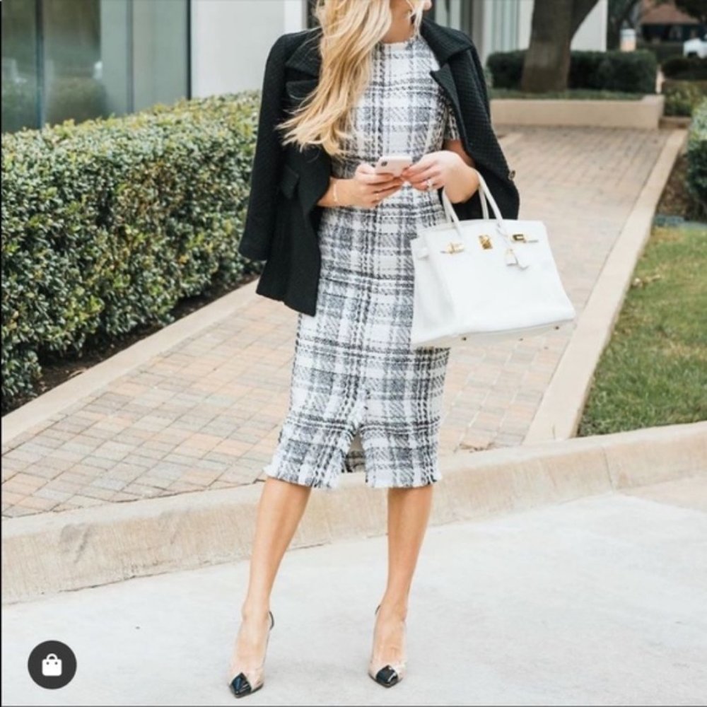 Rachel Parcell Tweed Black White Sheath Plaid Dress Size Large